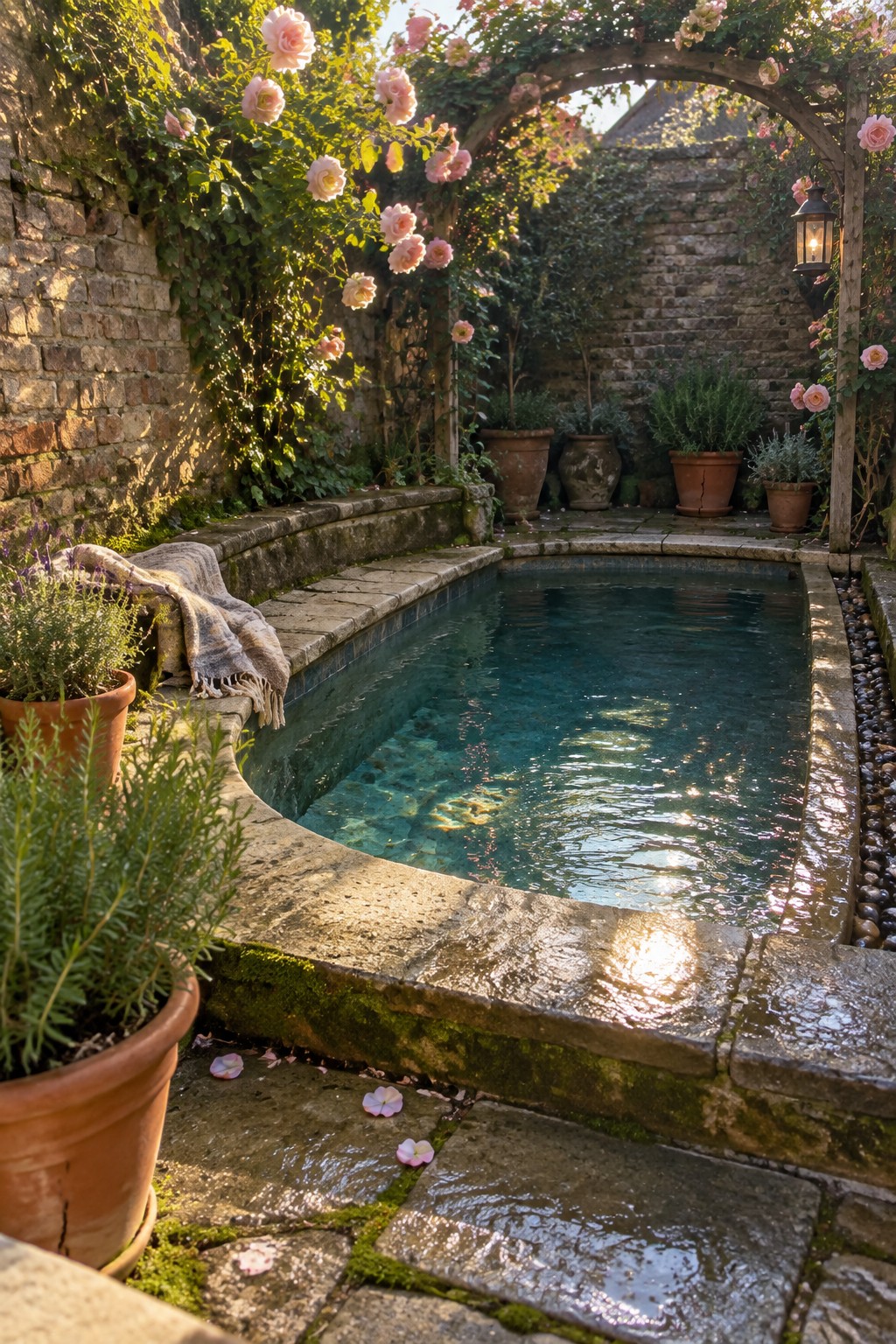 A small rectangular plunge pool with turquoise water set in a stone-paved garden, with curved stone coping forming a built-in bench on one side, surrounded by potted plants and climbing roses on brick walls.