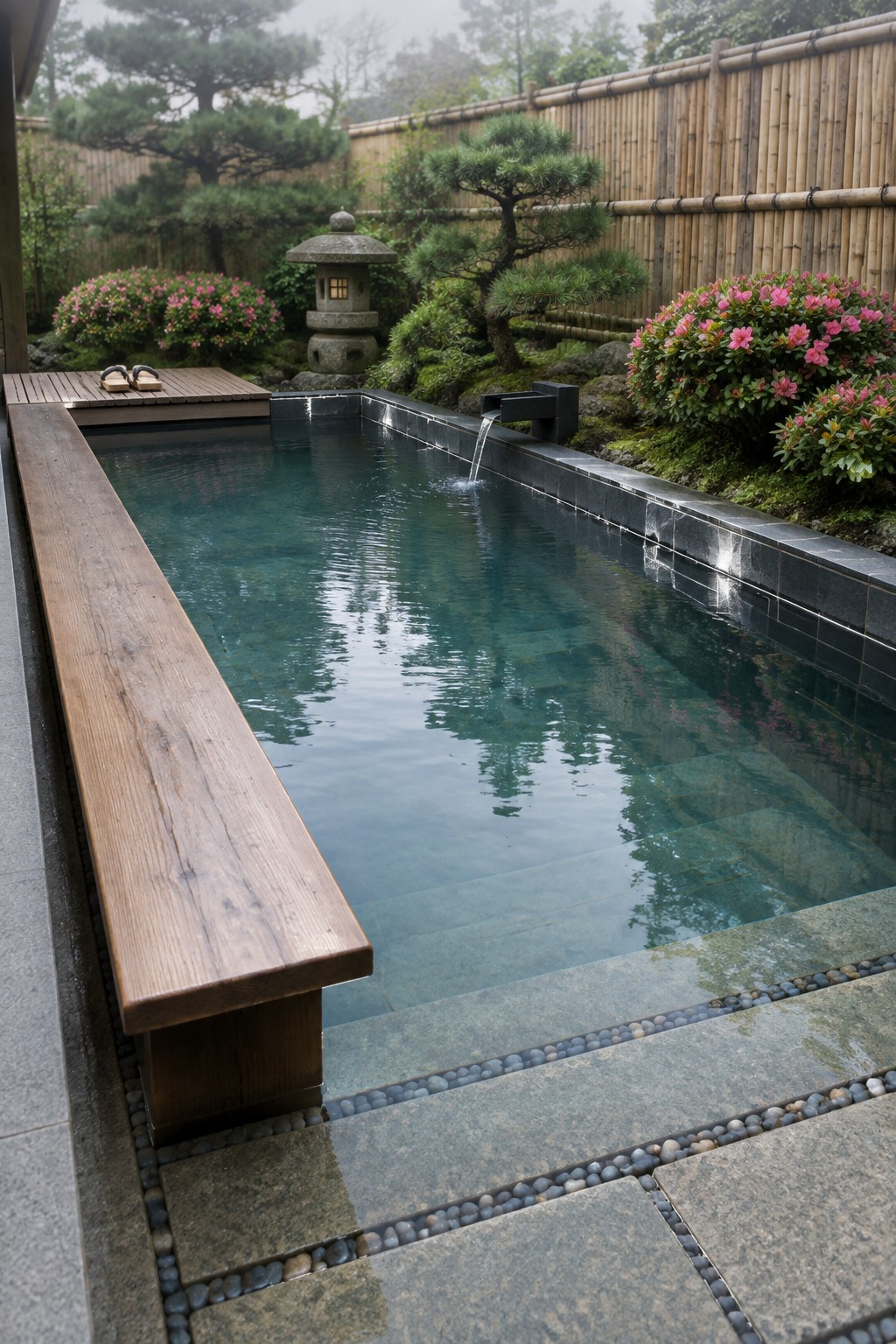 A rectangular plunge pool with a long wooden bench integrated along the left edge, a water spout on the right, and pebble detailing around the perimeter.