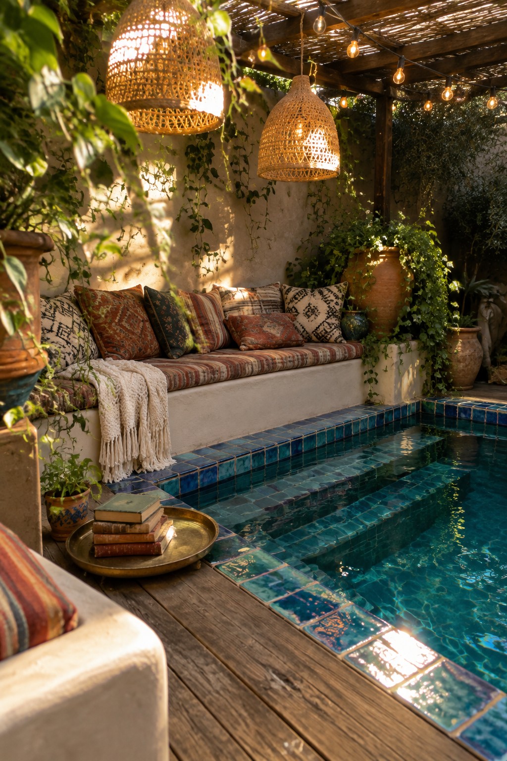 A small plunge pool with blue-green tile steps and a long built-in bench covered in patterned cushions, set on a wooden deck with hanging woven lights and potted plants.