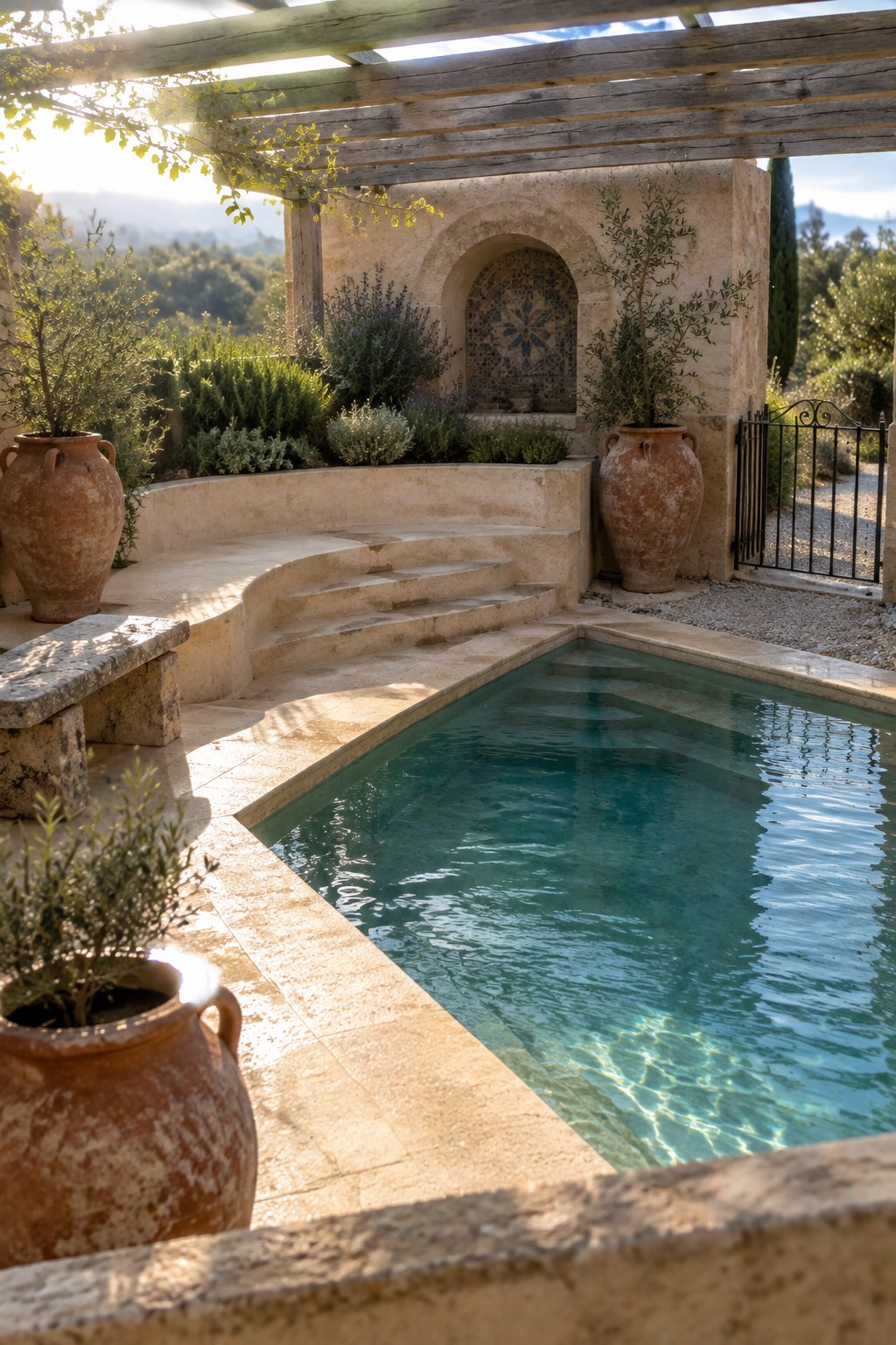 A small rectangular plunge pool with interior steps, curved stone decking and built-in bench, large terracotta pots, and a wooden pergola overhead.