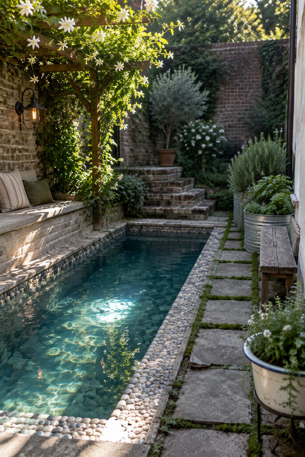 A narrow plunge pool with built-in stone bench seating along the left edge, brick steps at the far end, and a wooden pergola overhead in a garden with potted plants and a brick wall.