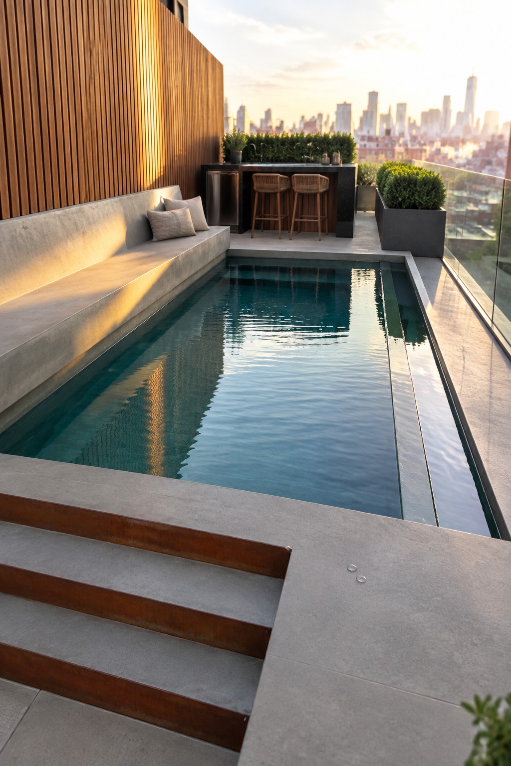 A long narrow plunge pool with a built-in concrete bench running along the left side and steps at the near end on a rooftop terrace.