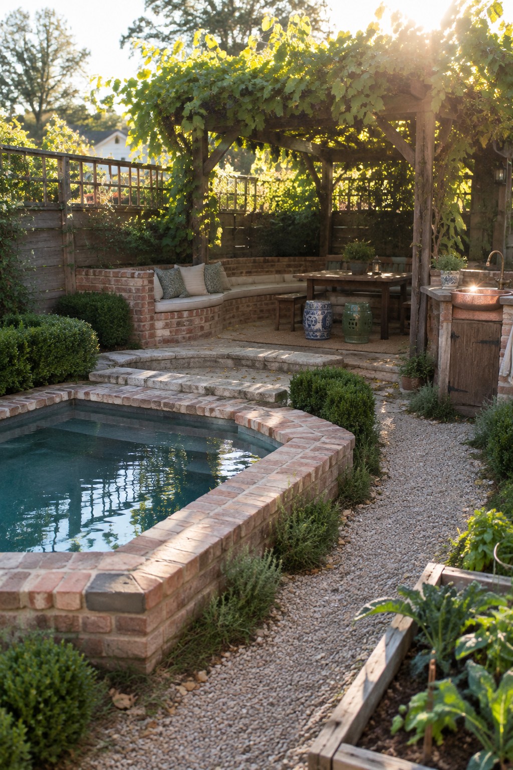 A small plunge pool with brick coping, curved built-in bench with cushions, steps, gravel path, and wooden pergola overhead.