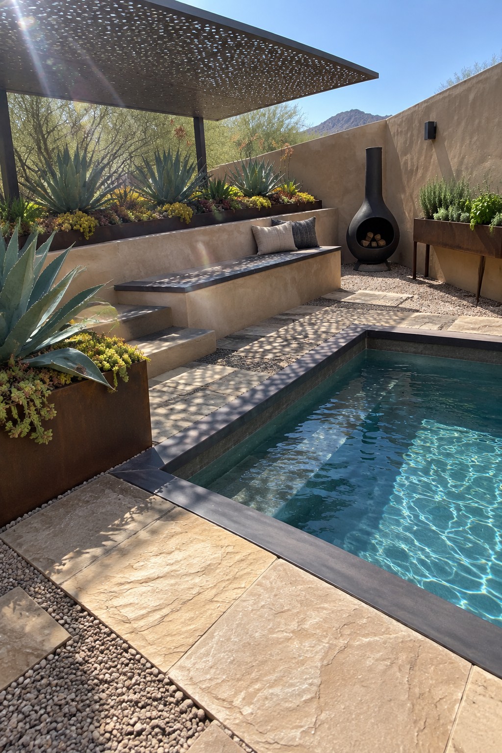 A rectangular plunge pool with dark coping, adjacent raised bench seating with cushions, concrete steps, stone pavers, a black outdoor fireplace, and desert plants under a perforated metal shade.