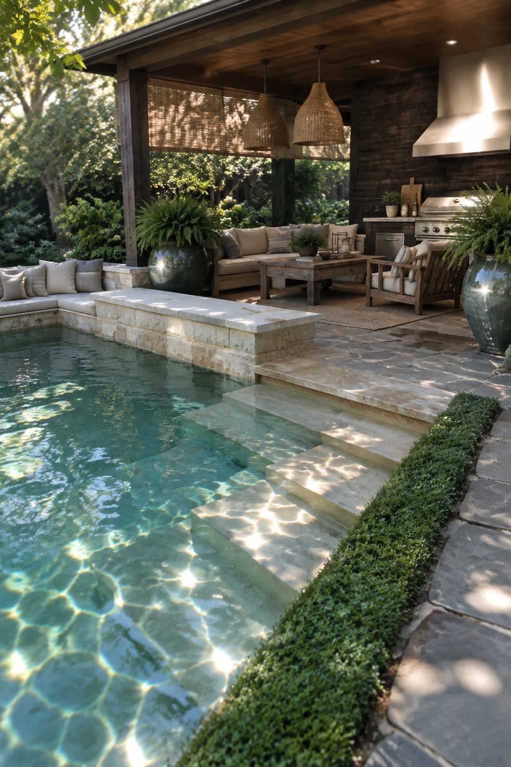 A plunge pool with built-in stone bench seating along the edge, stone steps leading into the water, and an adjacent covered outdoor living area with sofas and a kitchen.