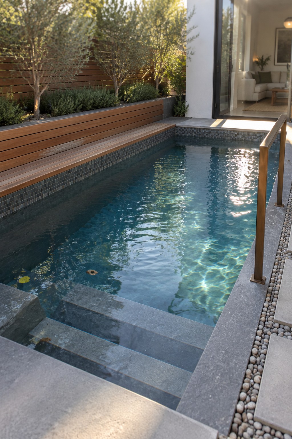 A narrow plunge pool with clear blue water, built-in gray stone steps at one end, and a long wooden bench integrated into the side wall, bordered by pebble paving and trees.