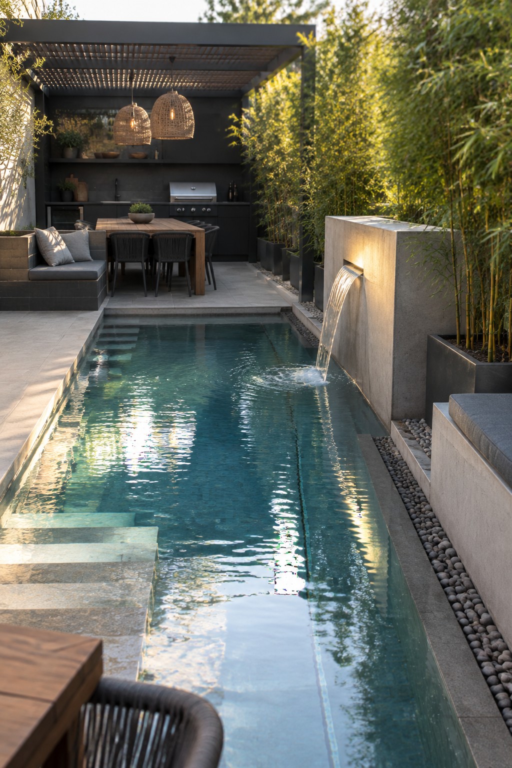 Modern lap pool with cascading waterfall beside outdoor kitchen, dining area, and bamboo plants.