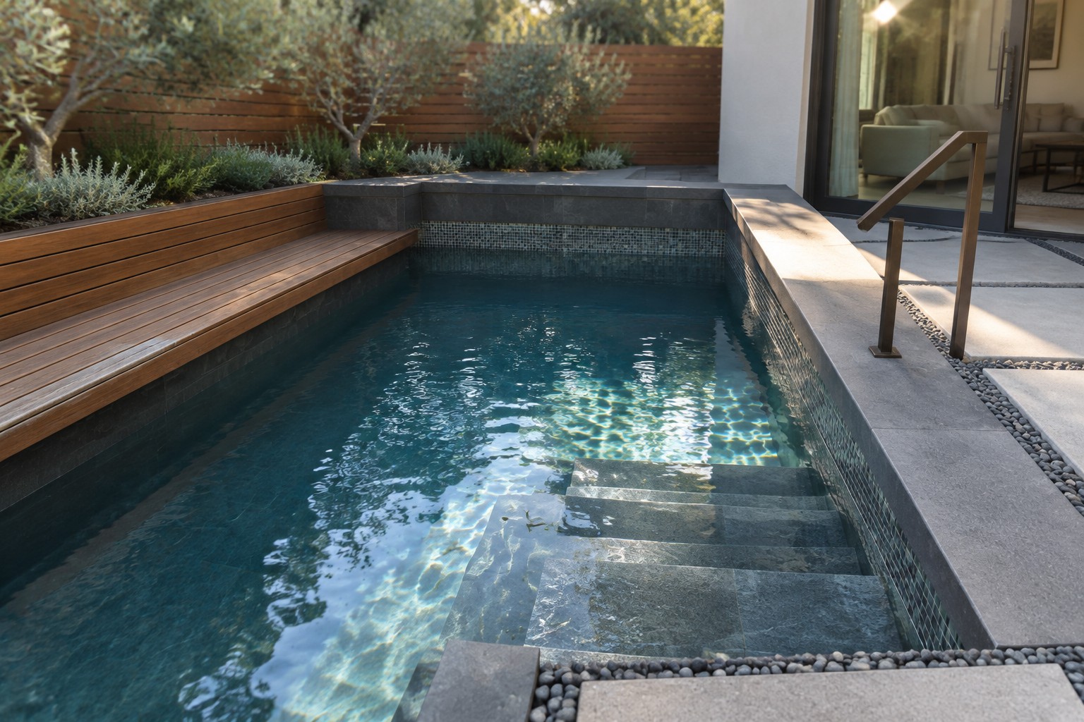 13 Inviting Plunge Pool Ideas With Built-In Bench Seating and Steps A narrow plunge pool with clear blue water, built-in gray stone steps at one end, and a long wooden bench integrated into the side wall, bordered by pebble paving and trees.