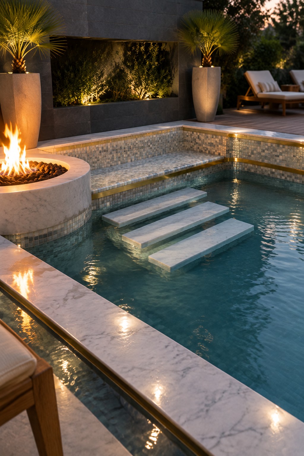 A rectangular plunge pool with three submerged marble steps, mosaic tile borders, a round fire pit on the left edge, and potted palms nearby.