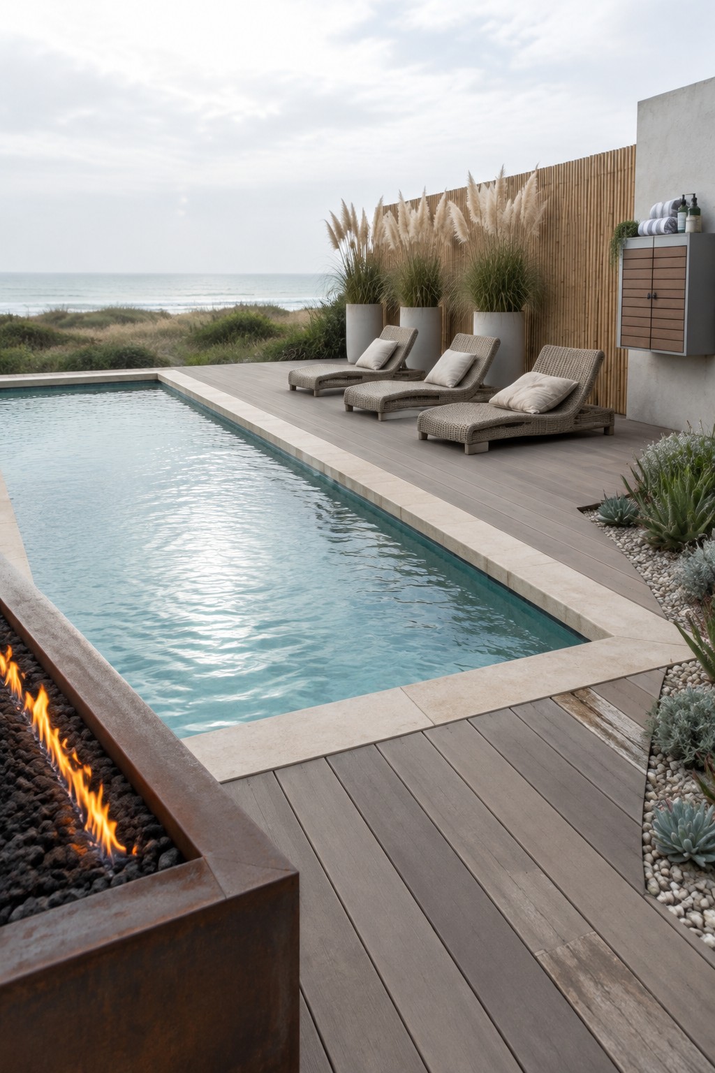 A rectangular plunge pool with light coping sits next to a wooden deck that holds three lounge chairs, several large potted plants, and a rectangular metal fire pit with visible flames at the near end.