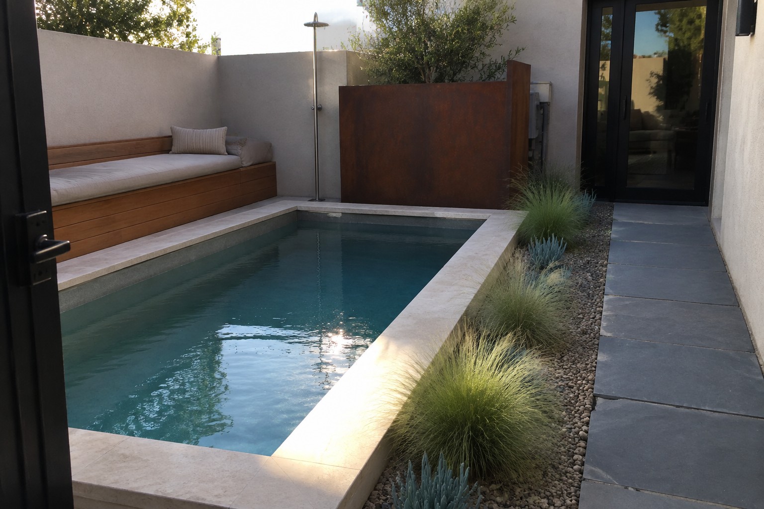 18 Low-Maintenance Plunge Pool Landscaping Ideas for Busy Homeowners A long rectangular plunge pool with light stone coping, surrounded by gravel beds holding clumps of tall ornamental grasses and a wooden bench with cushions along one side.