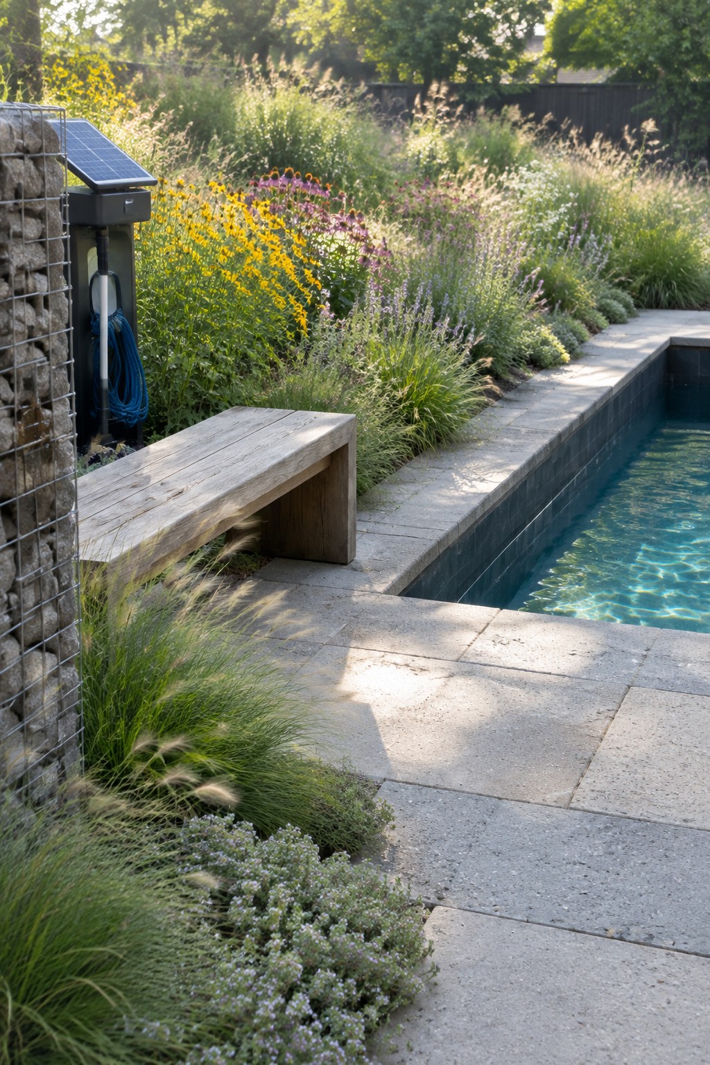 A plunge pool with dark tile edge is bordered by a wide garden bed of tall grasses, yellow daisies, purple coneflowers, and low flowering groundcover, with a wooden bench and a stone-and-wire utility wall on the left.