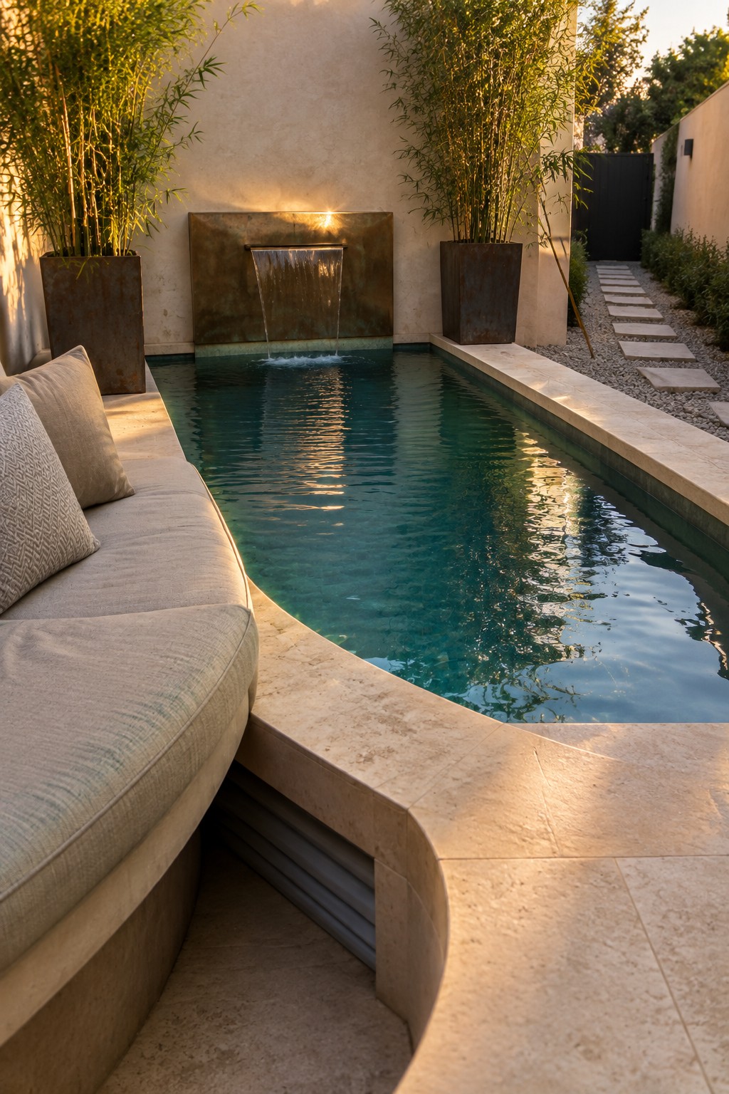 Curved beige sofa beside narrow turquoise pool with waterfall and bamboo planters