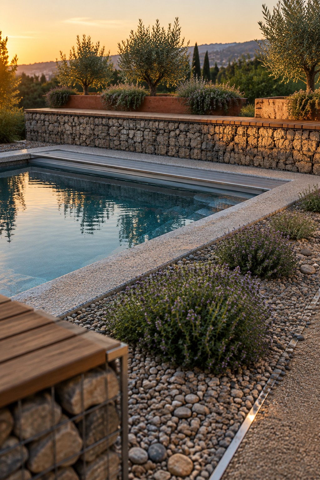 A rectangular plunge pool bordered by gabion stone walls, gravel beds with low purple flowering shrubs, and a wooden deck edge at sunset.
