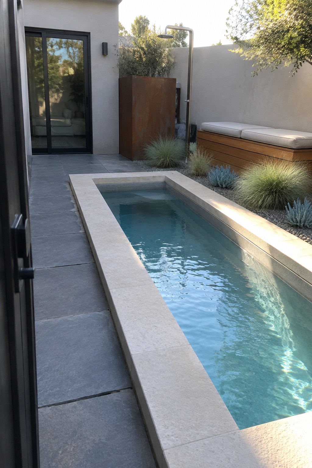 A long rectangular plunge pool with light stone coping, surrounded by gravel beds holding clumps of tall ornamental grasses and a wooden bench with cushions along one side.