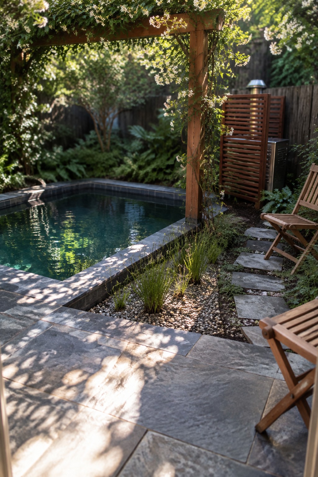 A small plunge pool with dark tile coping bordered by gravel beds planted with grasses, stone decking, a wooden pergola with vines, and a stepping stone path beside wooden chairs.