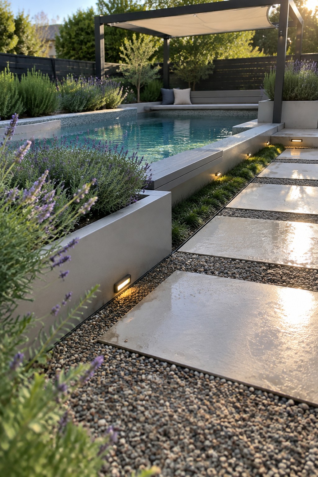 A plunge pool edged with raised gray concrete planters holding lavender, gravel beds, and large light stone pavers with small ground lights.