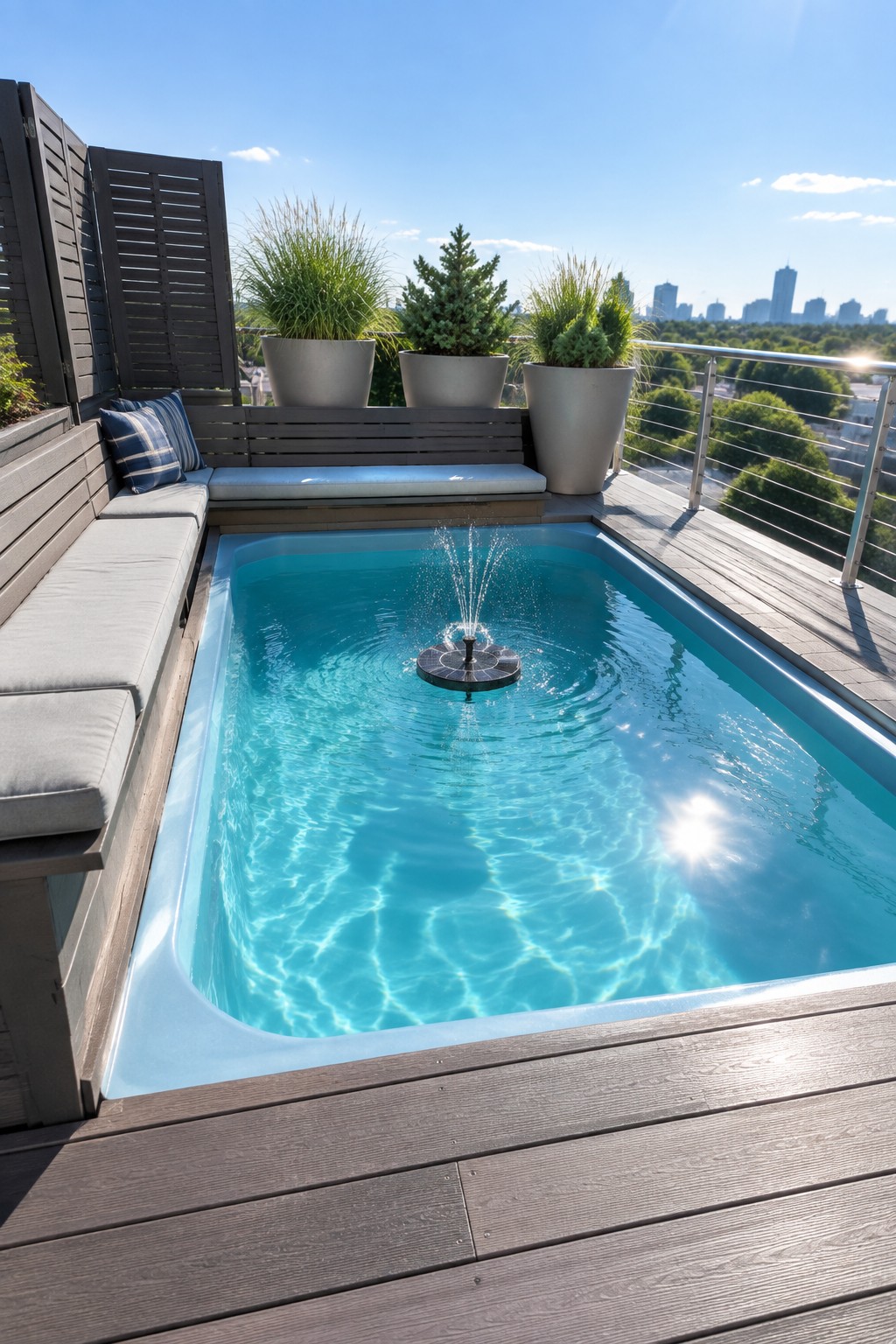 Rooftop plunge pool with fountain, gray seating, potted plants, and city skyline view