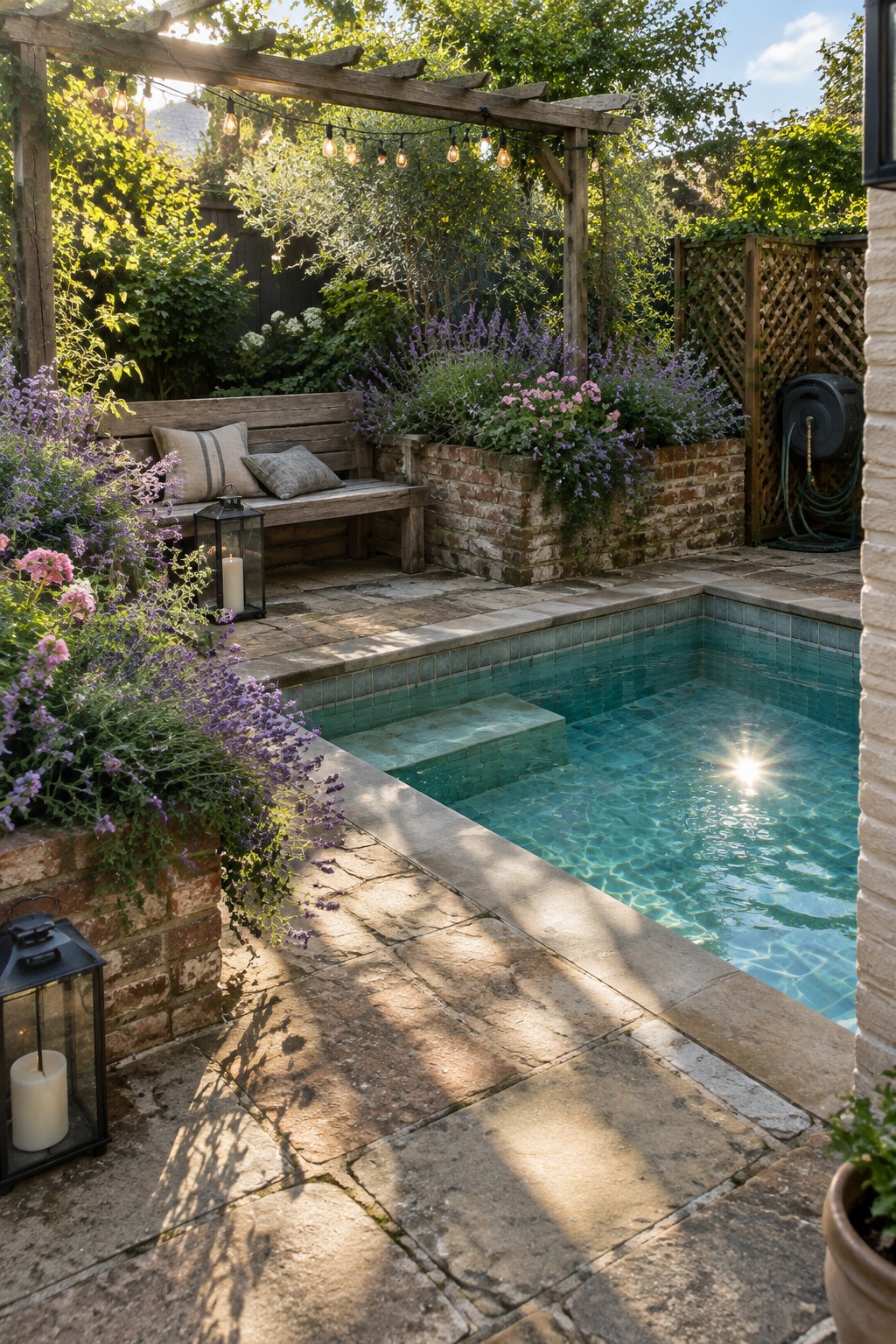 A small rectangular plunge pool with turquoise water, surrounded by stone paving and brick planters filled with purple and pink flowering plants, a wooden bench with cushions, and a pergola with string lights overhead.