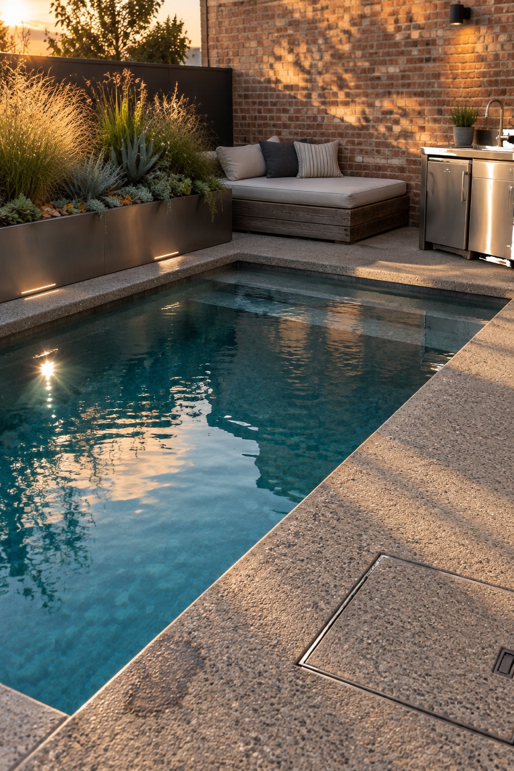 Modern rectangular pool with blue water, reflections, brick wall, daybed and outdoor kitchen at sunset