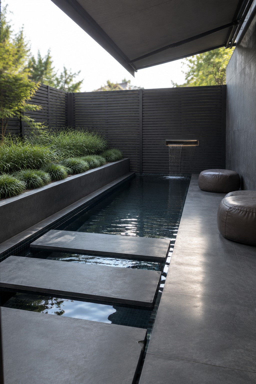 A narrow dark-tiled plunge pool with large rectangular stepping stones spanning the water, a linear concrete planter filled with tall grasses along one edge, a wall-mounted water spout, and two brown leather poufs on the adjacent concrete patio.