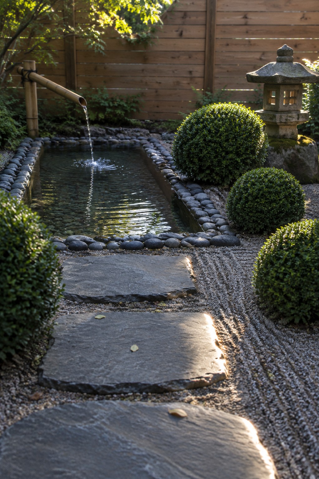 A rectangular plunge pool edged with dark stones receives water from a bamboo spout, surrounded by gravel paths, stone stepping slabs, raked gravel, and rounded shrubs.