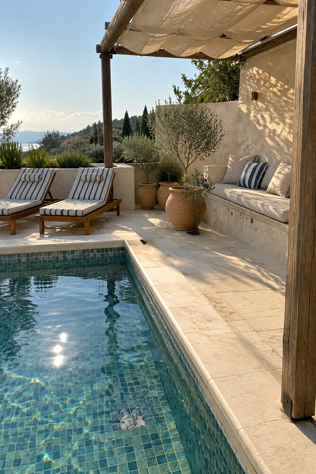 Sunny poolside with striped lounge chairs, blue mosaic pool, potted plants, and sea view