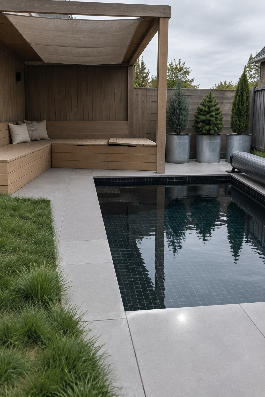 Modern backyard pool with wooden bench seating, shade sail, and potted evergreens