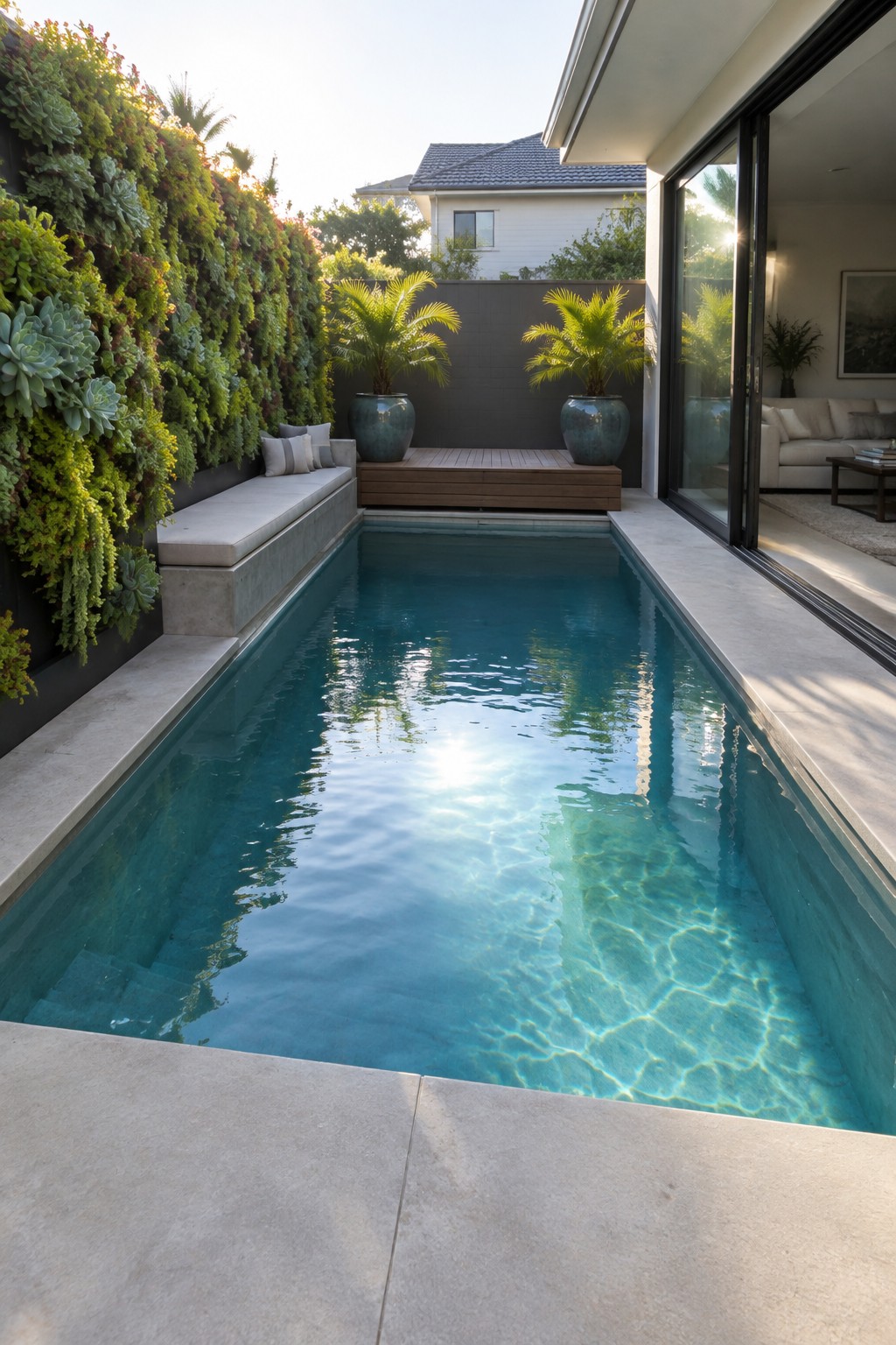 A narrow plunge pool with clear blue water bordered by a tall vertical wall covered in succulents, two large potted palms on a wooden platform, and sliding glass doors opening to an indoor living area.