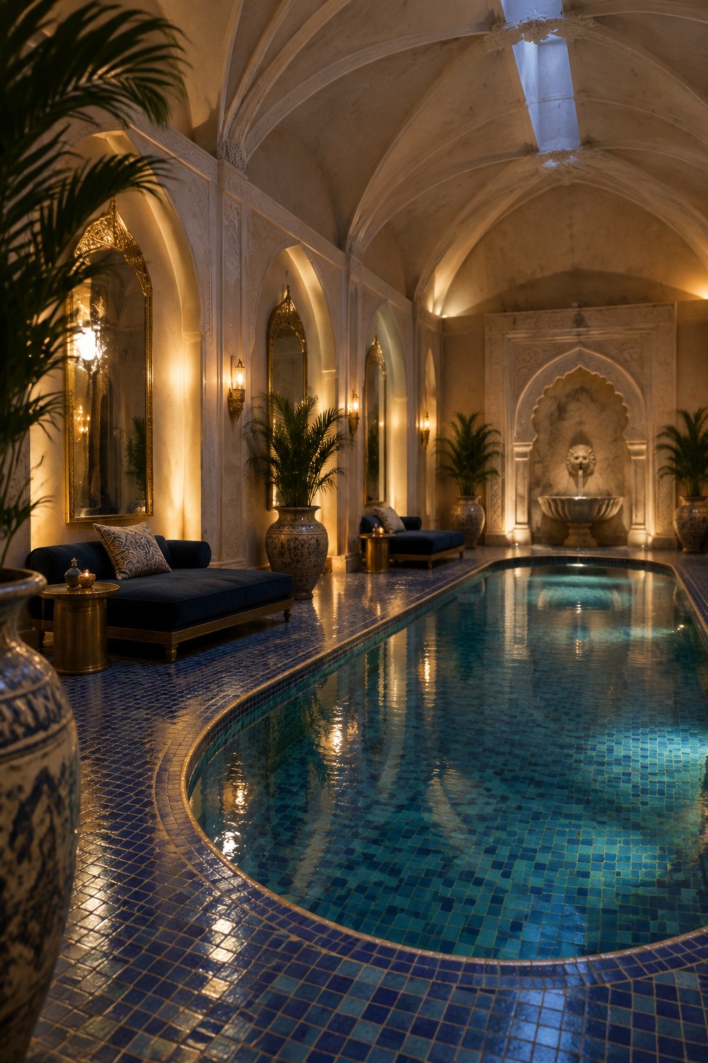 18 Mediterranean Indoor Pool Designs Featuring Arched Details and Tilework Opulent indoor pool with blue mosaic tiles, arched ceilings, and gilded mirrors.