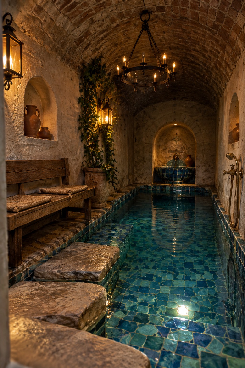 18 Mediterranean Indoor Pool Designs Featuring Arched Details and Tilework Vaulted brick spa with narrow blue mosaic pool, wooden bench, lanterns and fountain.