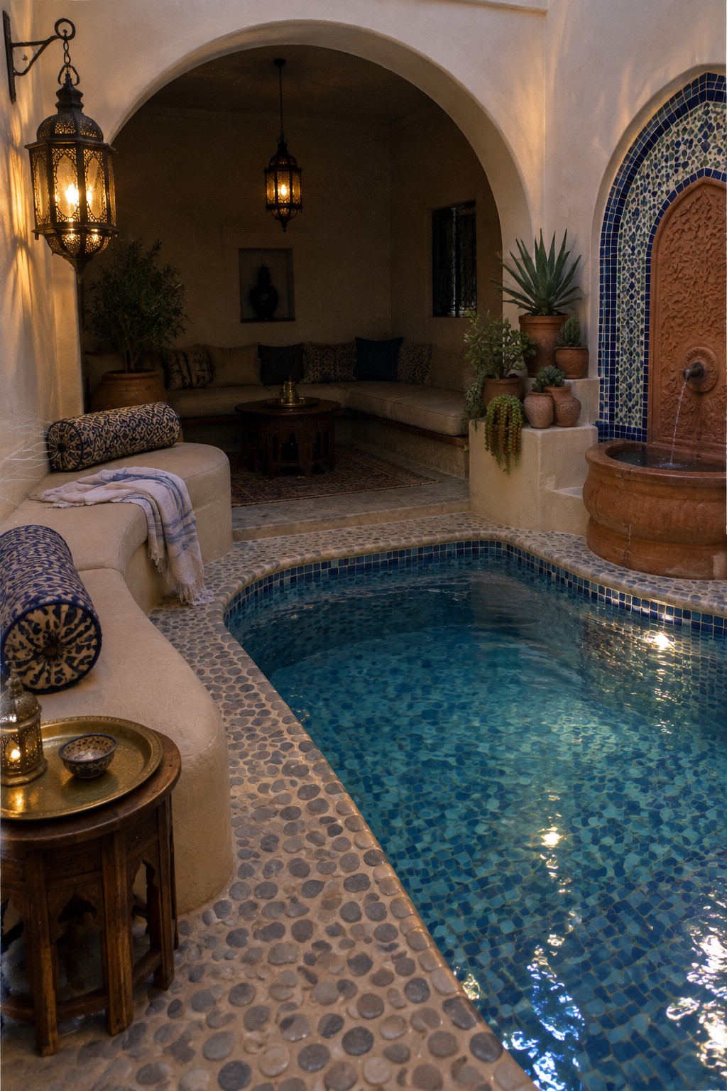 18 Mediterranean Indoor Pool Designs Featuring Arched Details and Tilework An indoor pool with blue mosaic tile borders, arched openings leading to cushioned seating areas, a tiled fountain on the right, and hanging lanterns.