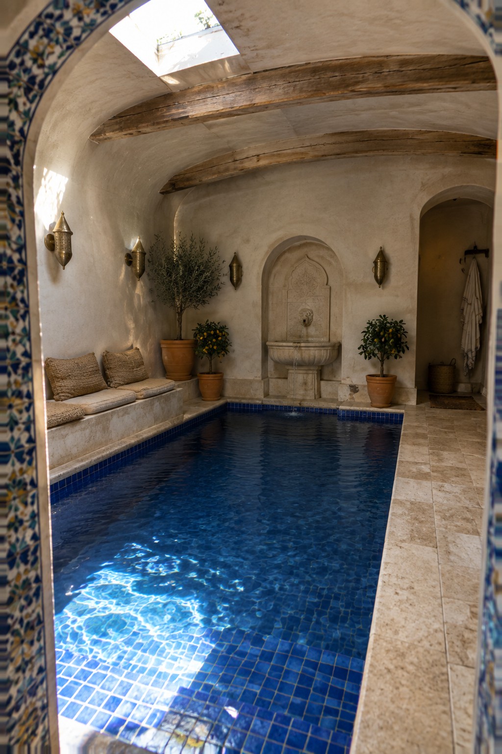 18 Mediterranean Indoor Pool Designs Featuring Arched Details and Tilework An indoor pool with blue mosaic tile, a stone fountain set in an arched niche at the far end, and built-in seating with cushions along one wall.