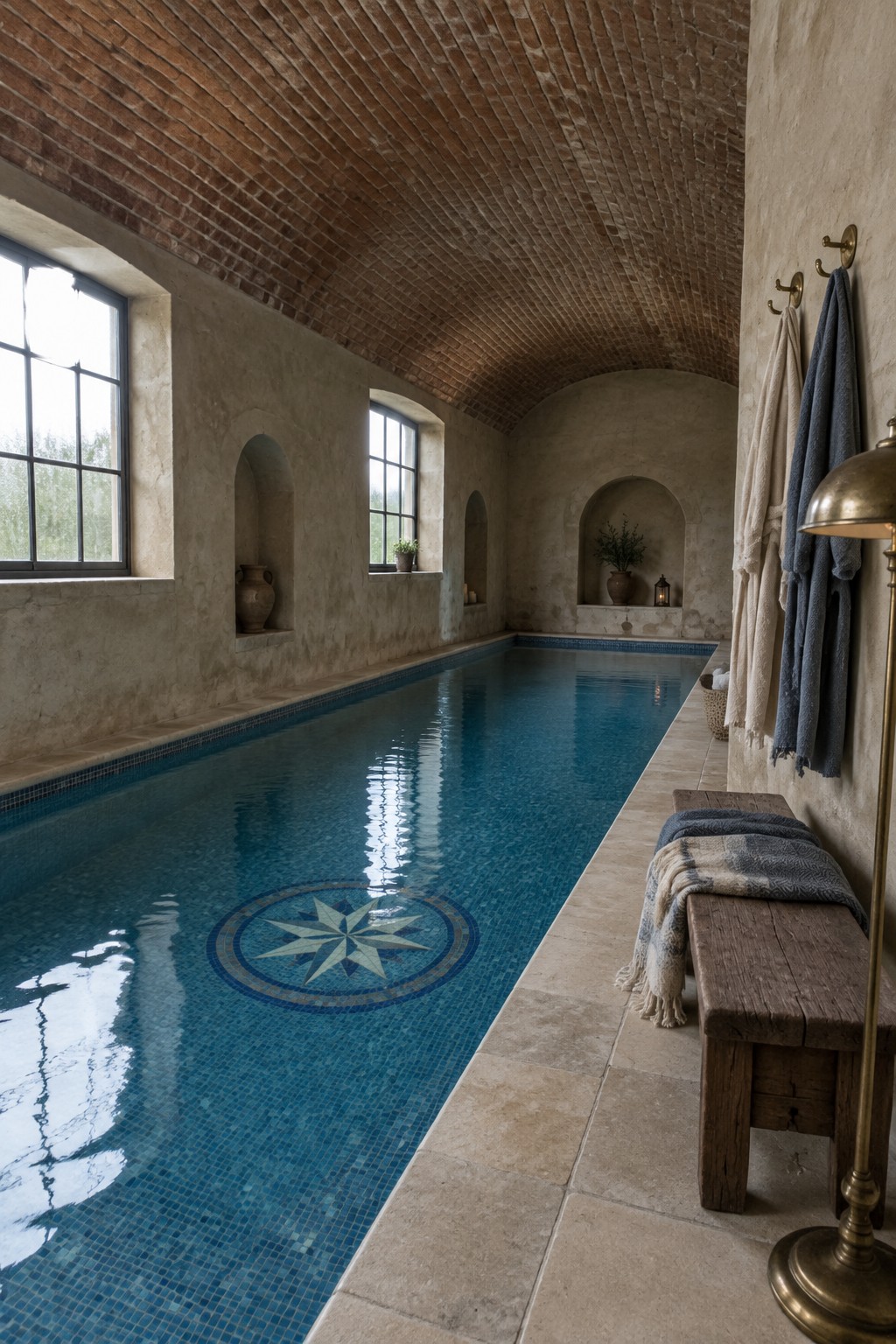 18 Mediterranean Indoor Pool Designs Featuring Arched Details and Tilework Indoor lap pool with blue tile and central mosaic, set in a room with vaulted brick ceiling, arched wall niches, and stone flooring.