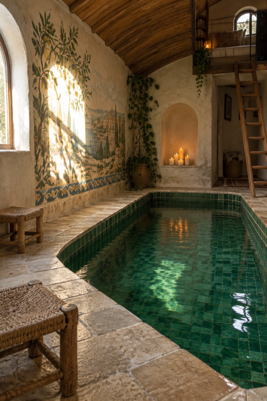 18 Mediterranean Indoor Pool Designs Featuring Arched Details and Tilework An indoor pool with green tilework features an arched niche holding several lit candles along one wall.