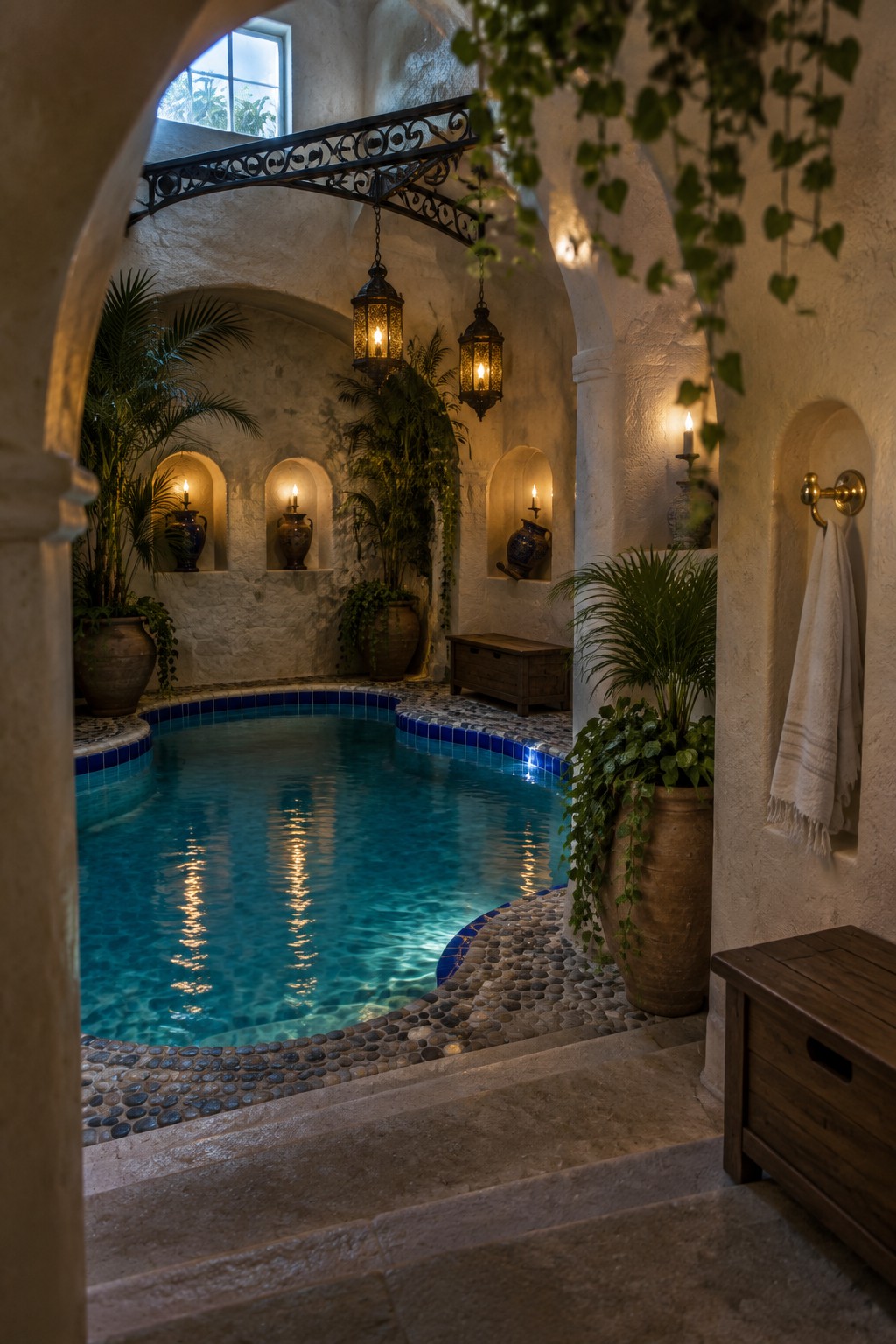 18 Mediterranean Indoor Pool Designs Featuring Arched Details and Tilework An indoor pool with blue tile edging, white stone walls featuring multiple arched niches holding pottery and candles, hanging lanterns, and potted plants.