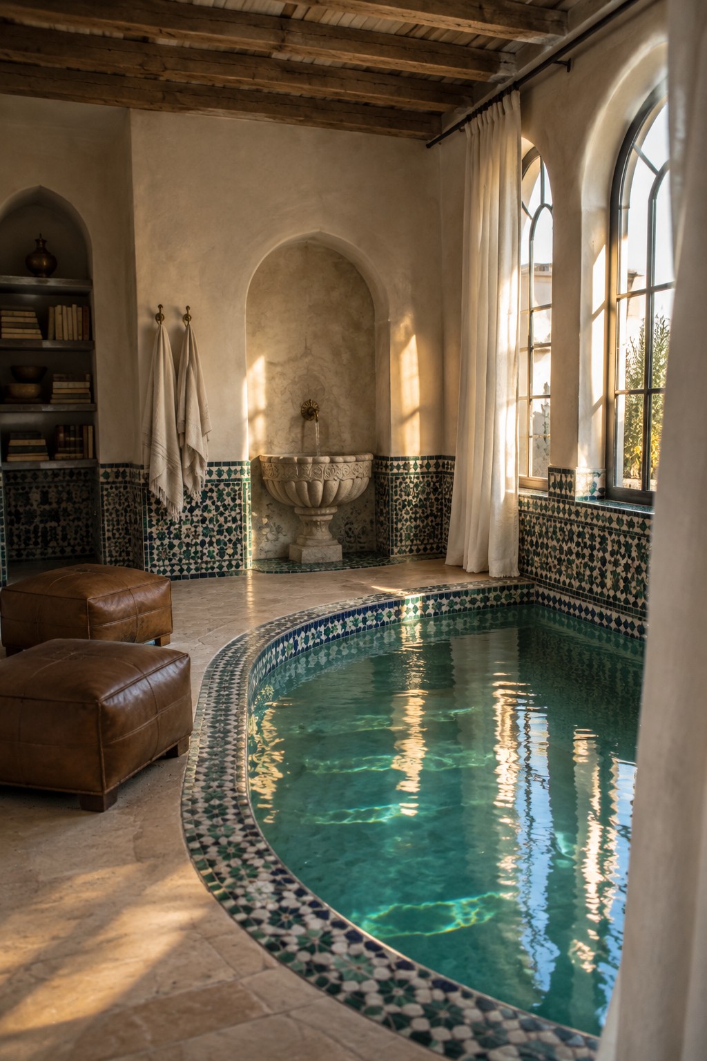 18 Mediterranean Indoor Pool Designs Featuring Arched Details and Tilework An indoor pool with mosaic tile borders, a stone fountain set in an arched niche, leather ottomans on stone flooring, and tall arched windows with curtains.