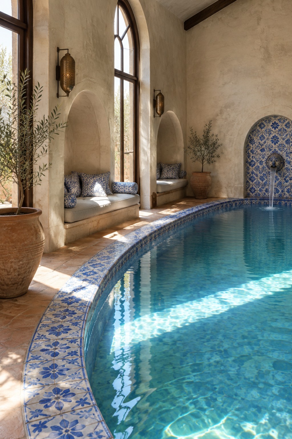 18 Mediterranean Indoor Pool Designs Featuring Arched Details and Tilework An indoor pool with blue and white patterned tile along the edge, arched niches holding cushioned benches, and a tiled fountain on the right wall.