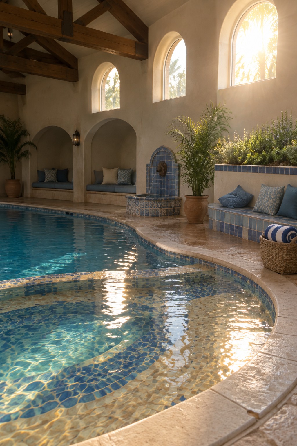 18 Mediterranean Indoor Pool Designs Featuring Arched Details and Tilework An indoor pool with blue mosaic tile borders, arched wall niches holding built-in seating with cushions, a small tiled fountain, and sunlight coming through large arched windows.