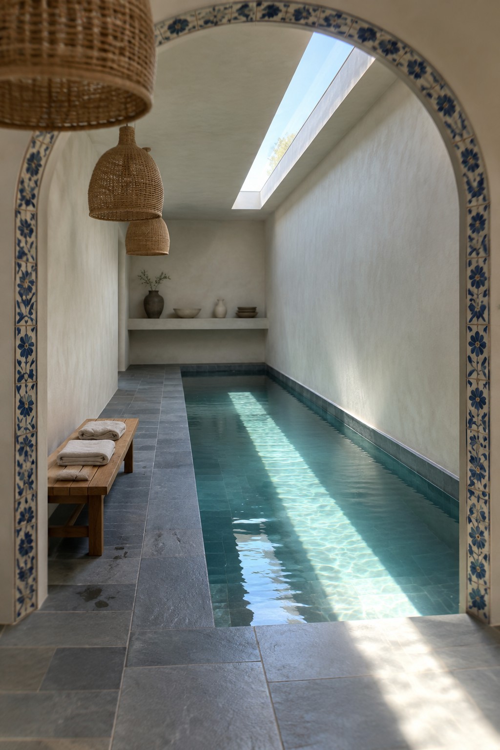 18 Mediterranean Indoor Pool Designs Featuring Arched Details and Tilework A long narrow indoor pool viewed through an arched opening lined with blue floral tilework, with woven pendant lights and a wooden bench on the left.