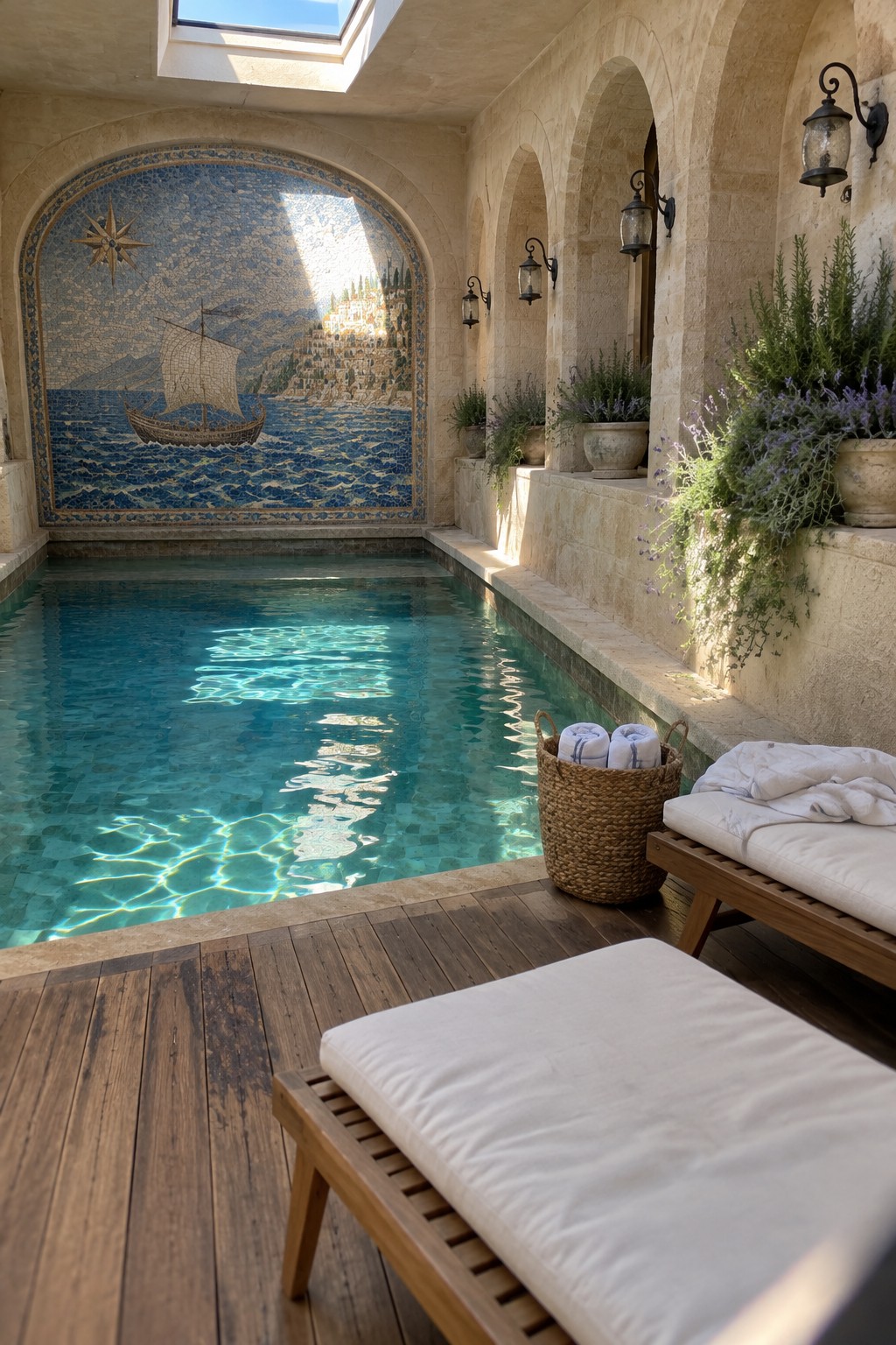 18 Mediterranean Indoor Pool Designs Featuring Arched Details and Tilework An indoor pool area with a large arched mosaic tile mural of a sailing ship on blue water, set within a stone-walled space with wooden lounge chairs and potted plants.
