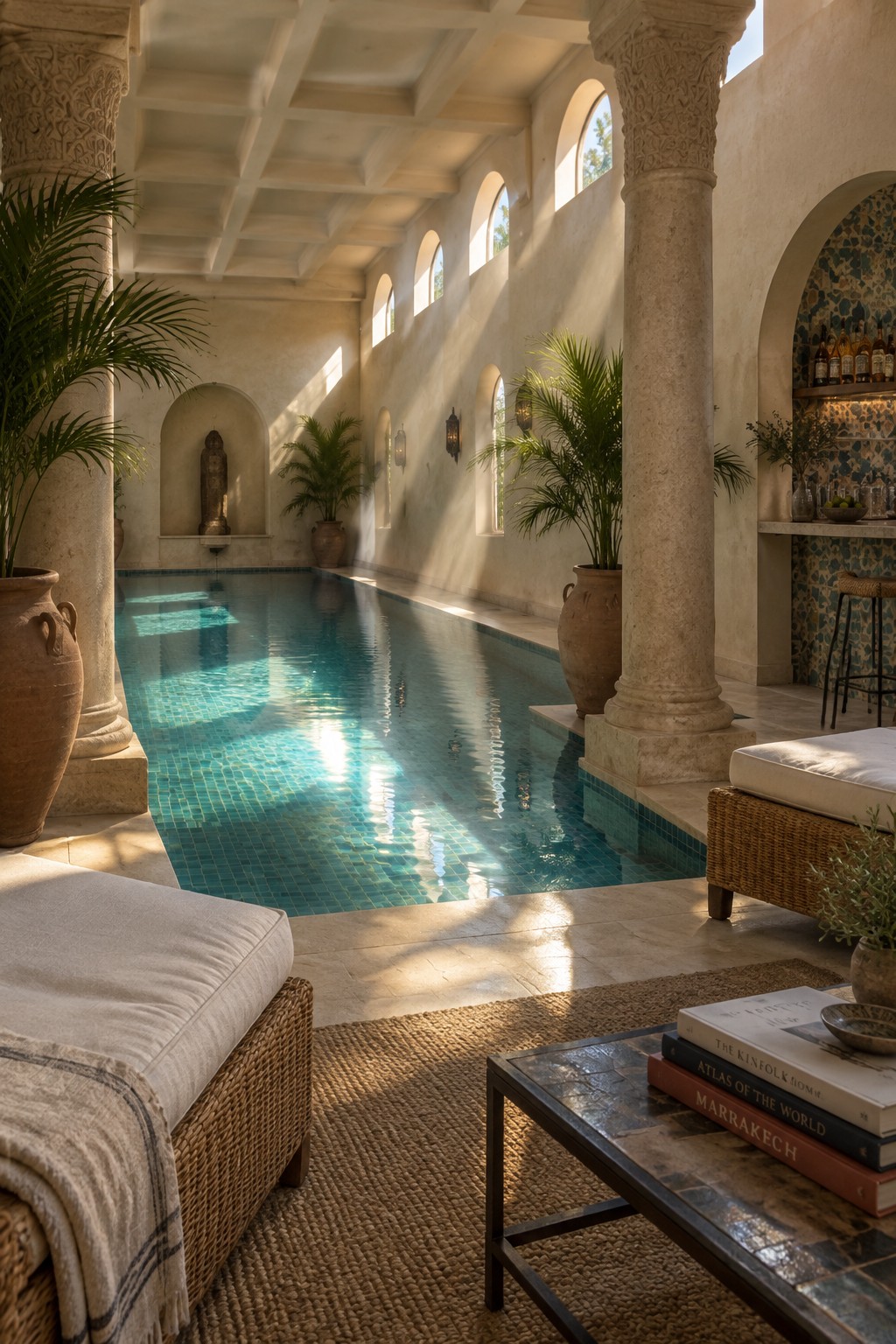 18 Mediterranean Indoor Pool Designs Featuring Arched Details and Tilework An indoor pool with turquoise mosaic tile, flanked by large stone columns, arched windows on one side, and arched niches on the other in a bright Mediterranean-style space.