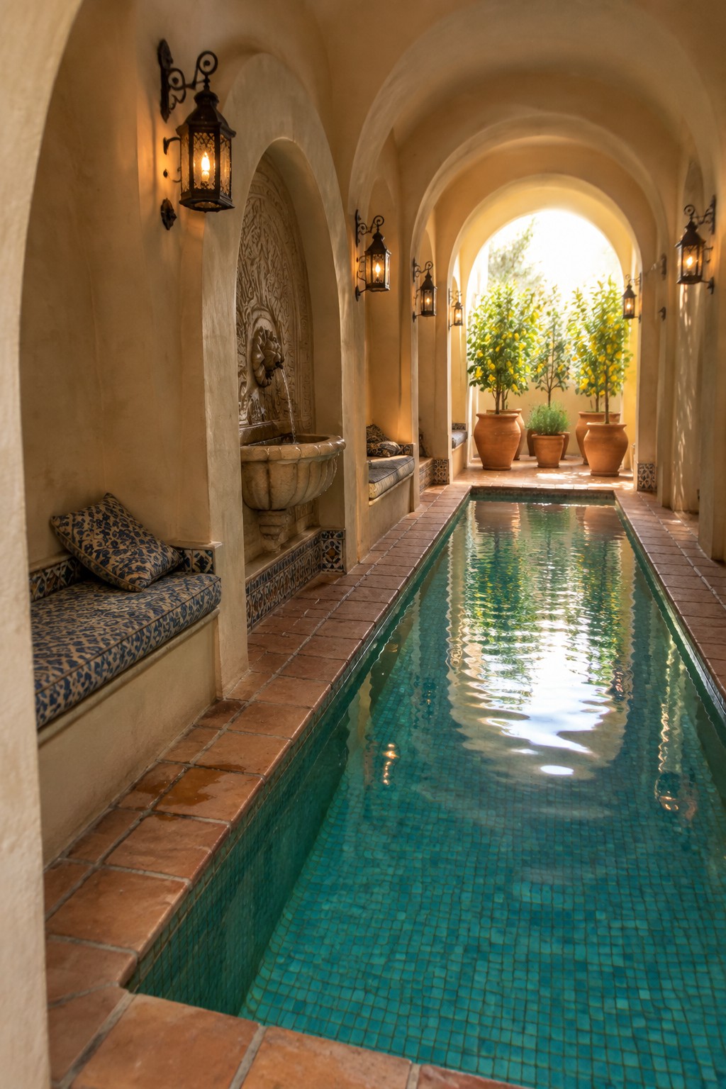 18 Mediterranean Indoor Pool Designs Featuring Arched Details and Tilework A long narrow indoor pool with turquoise mosaic tiles runs beneath a row of arches in a stucco-walled space with built-in benches, wall fountains, and potted citrus trees at the far end.