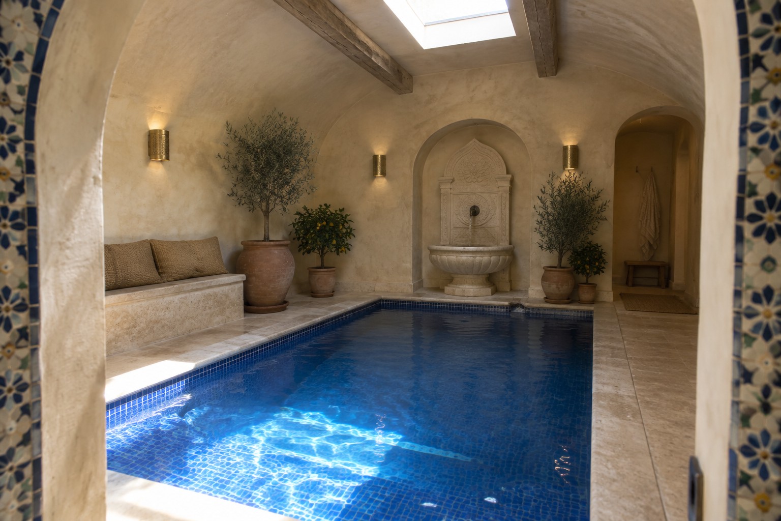 An indoor pool with blue mosaic tile, a stone fountain set in an arched niche at the far end, and built-in seating with cushions along one wall.