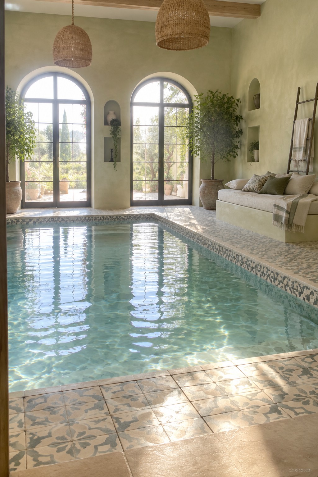 18 Mediterranean Indoor Pool Designs Featuring Arched Details and Tilework An indoor pool with light blue water, bordered by patterned tiles that continue across the floor, with large arched windows and green walls.
