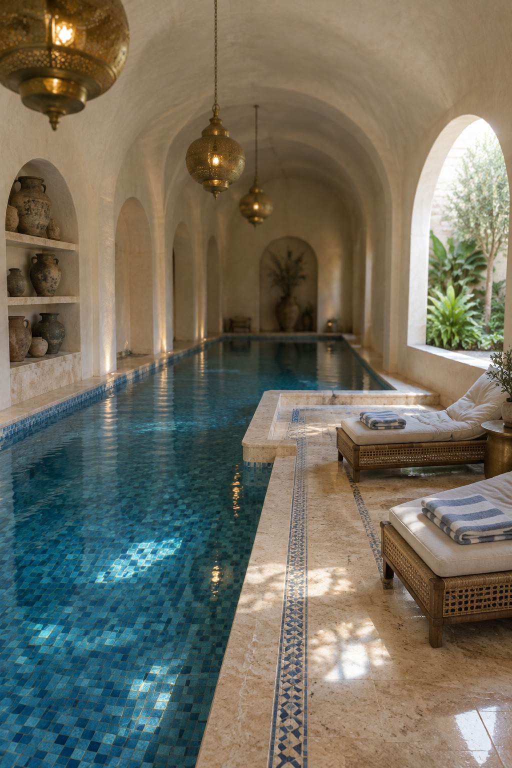 18 Mediterranean Indoor Pool Designs Featuring Arched Details and Tilework Serene indoor pool with blue mosaic tiles, arched ceilings, and brass lanterns.