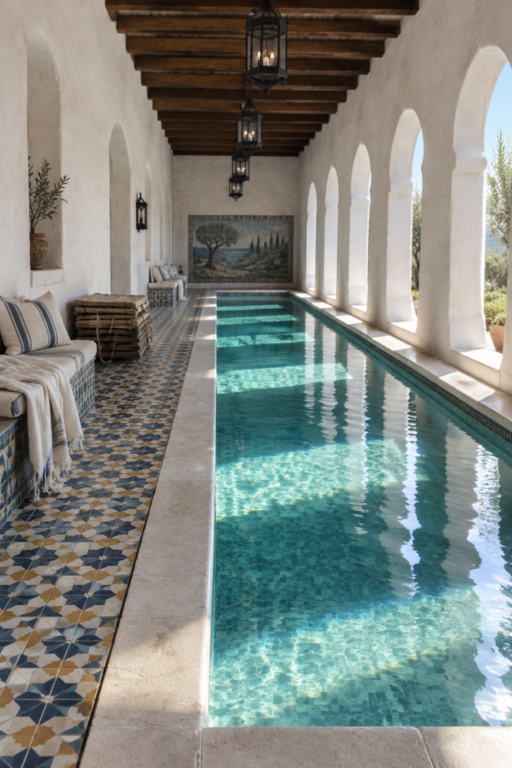 18 Mediterranean Indoor Pool Designs Featuring Arched Details and Tilework A long indoor pool with turquoise water, colorful patterned tile flooring and pool edging, white arched walls, wooden ceiling beams, and hanging lanterns.
