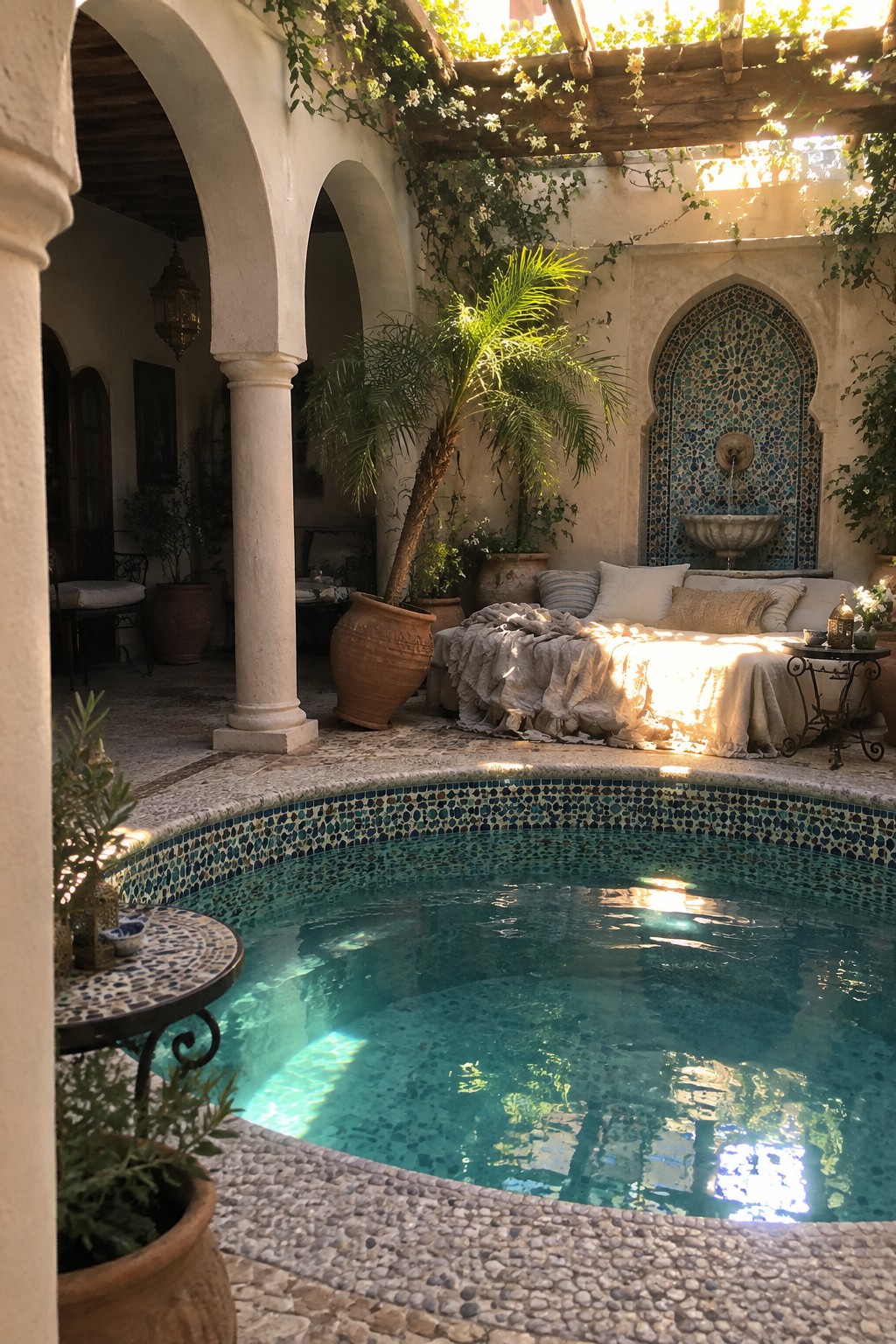 18 Mediterranean Indoor Pool Designs Featuring Arched Details and Tilework A circular pool with blue mosaic tile sits in a stone courtyard surrounded by white arches, a daybed with pillows, potted plants, and a tiled fountain on the back wall.