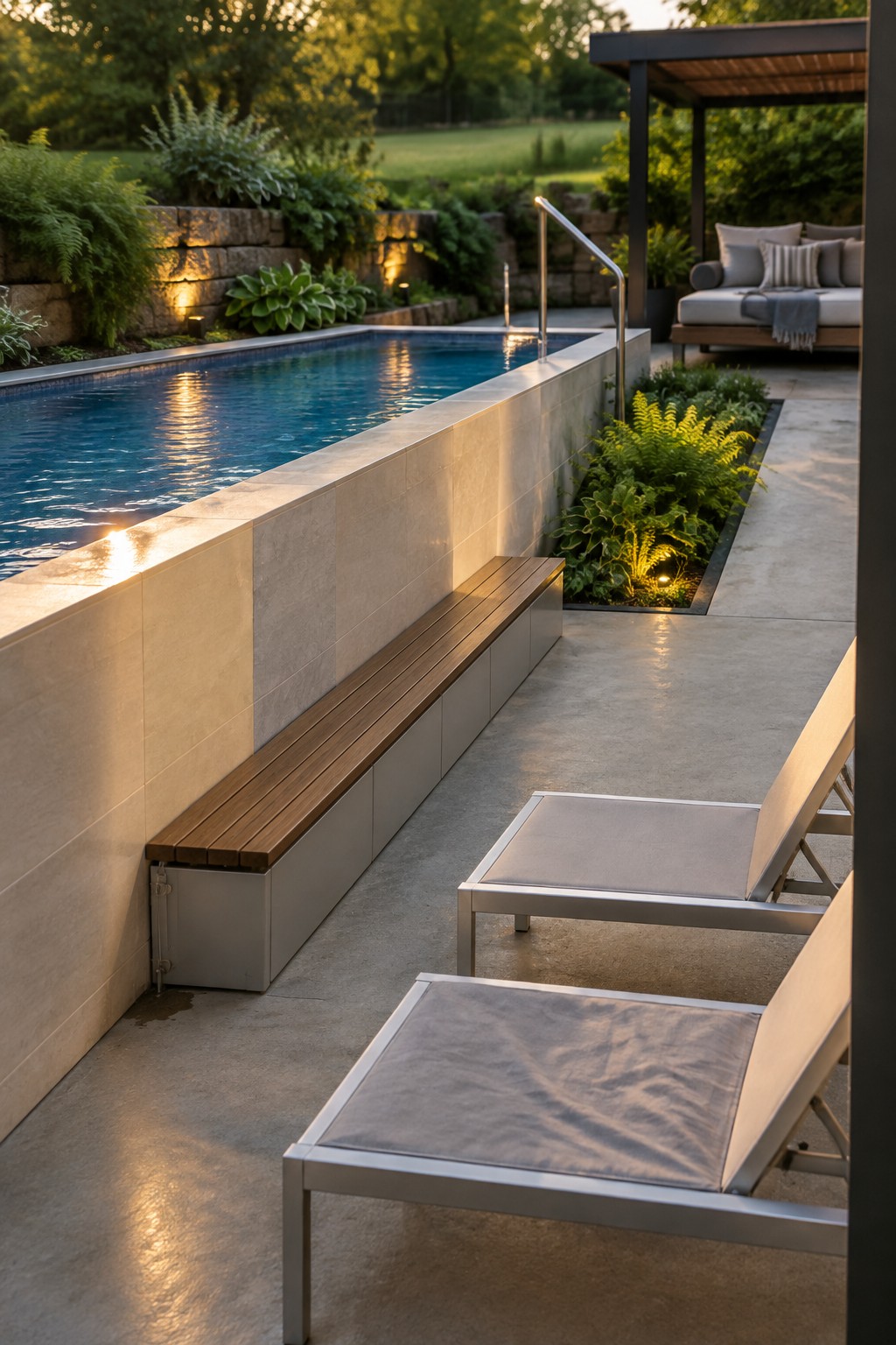 A modern rectangular pool with a long wooden bench built into the concrete edge, two lounge chairs nearby, and a landscaped bed beside the deck.