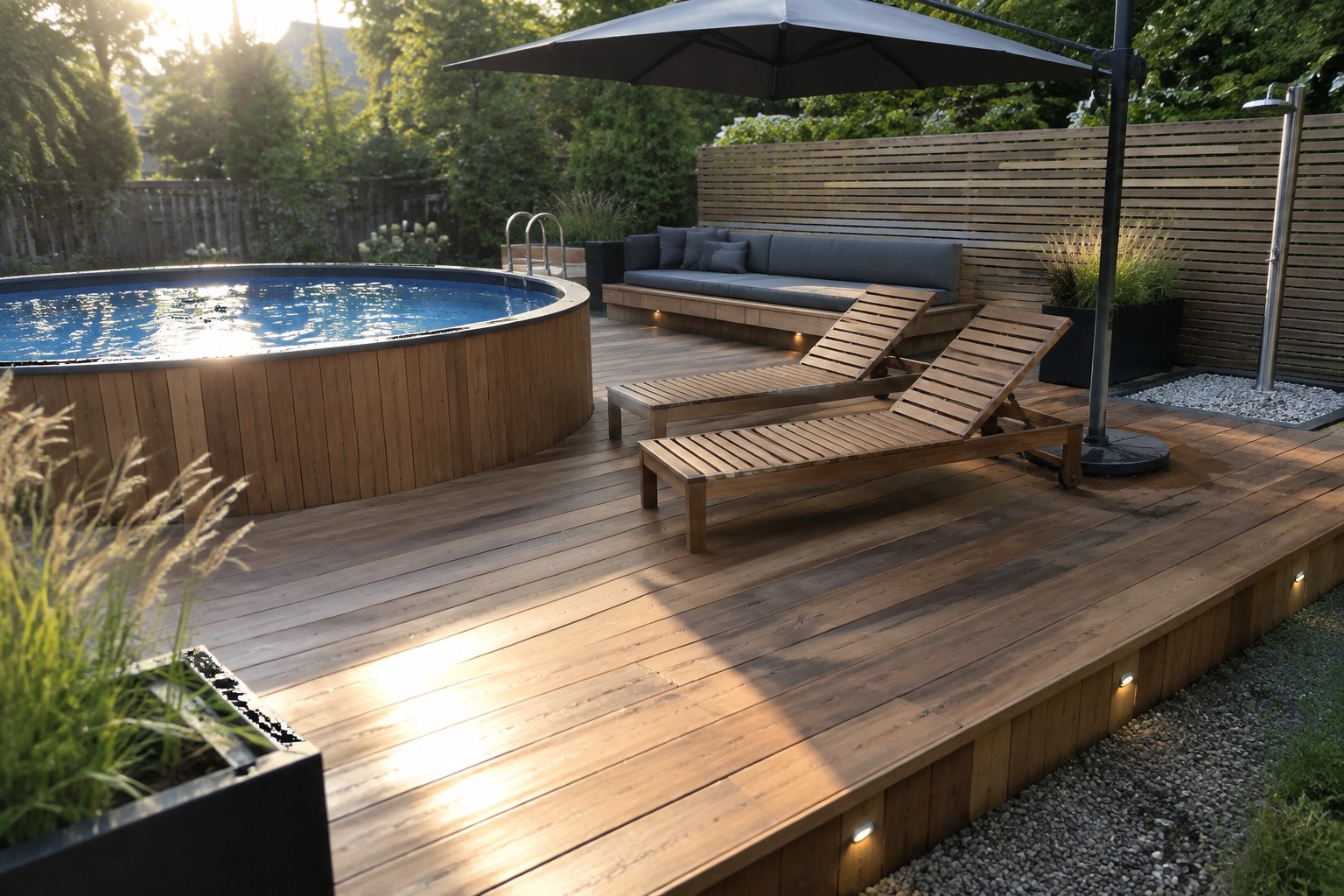 A wooden deck surrounding a round above-ground pool with lounge chairs, a built-in bench, and a large umbrella.